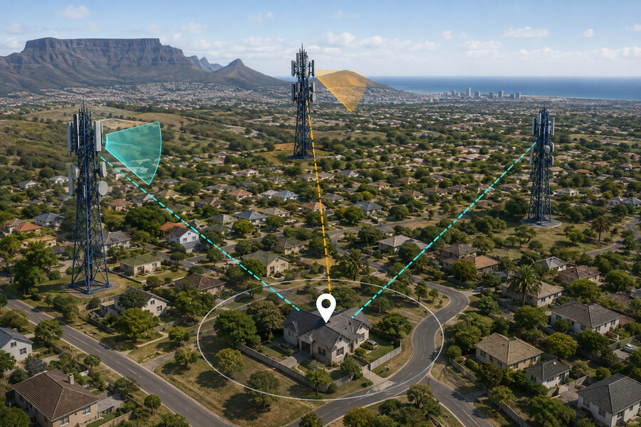 Conceptual comparison of three cell tower candidates near a South African home