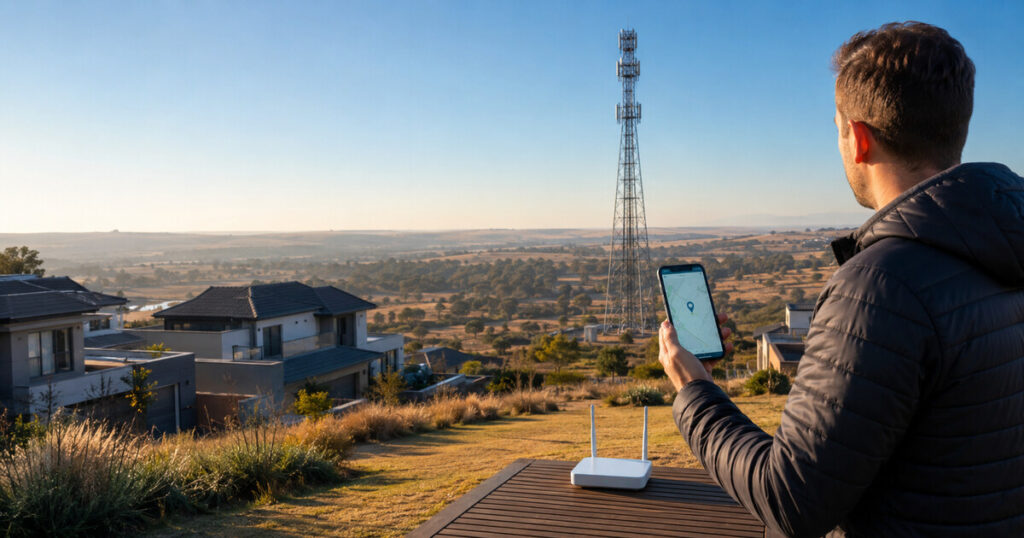 South African homeowner using a phone map to locate the nearest cell tower