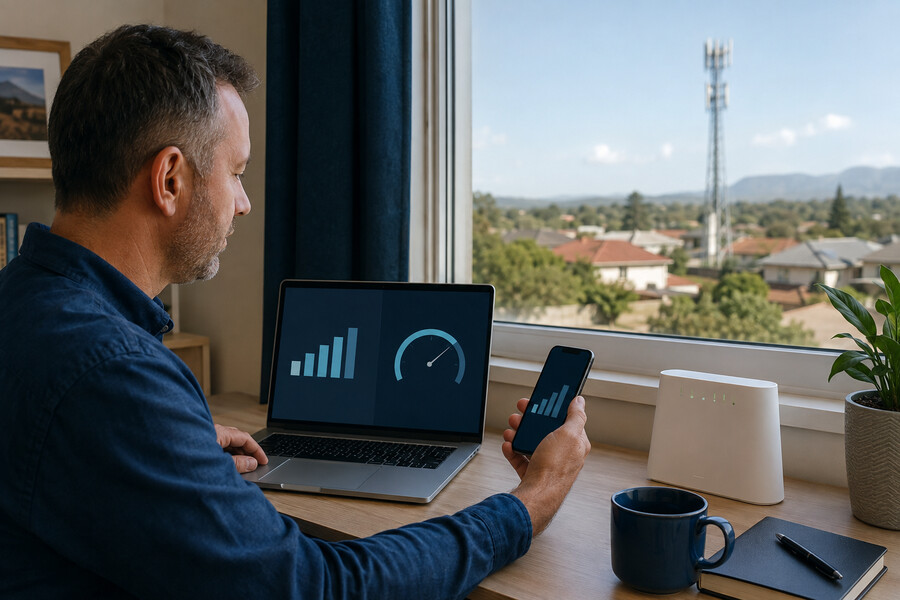 User checking LTE router signal and speed near a window with a cell tower outside