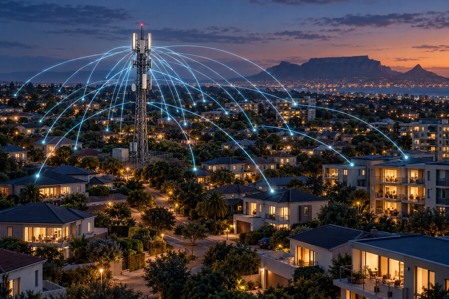 Conceptual LTE tower serving many South African homes during a busy evening period